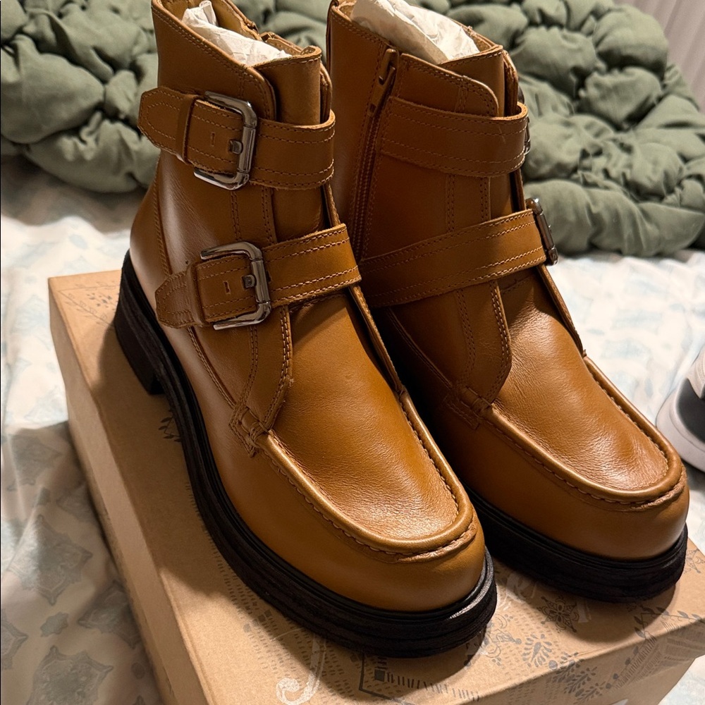 Free People Tan Leather Buckle Boots